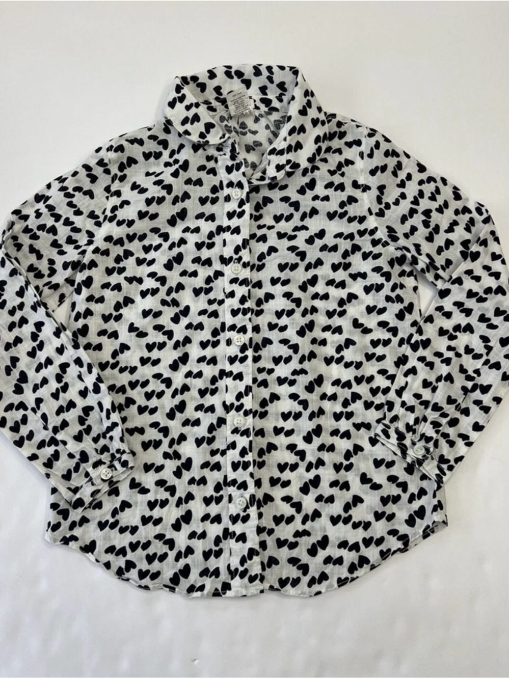 Crewcuts Button Up Long Sleeve Blouse Girls Size 6-7 White Shirt Black Hearts